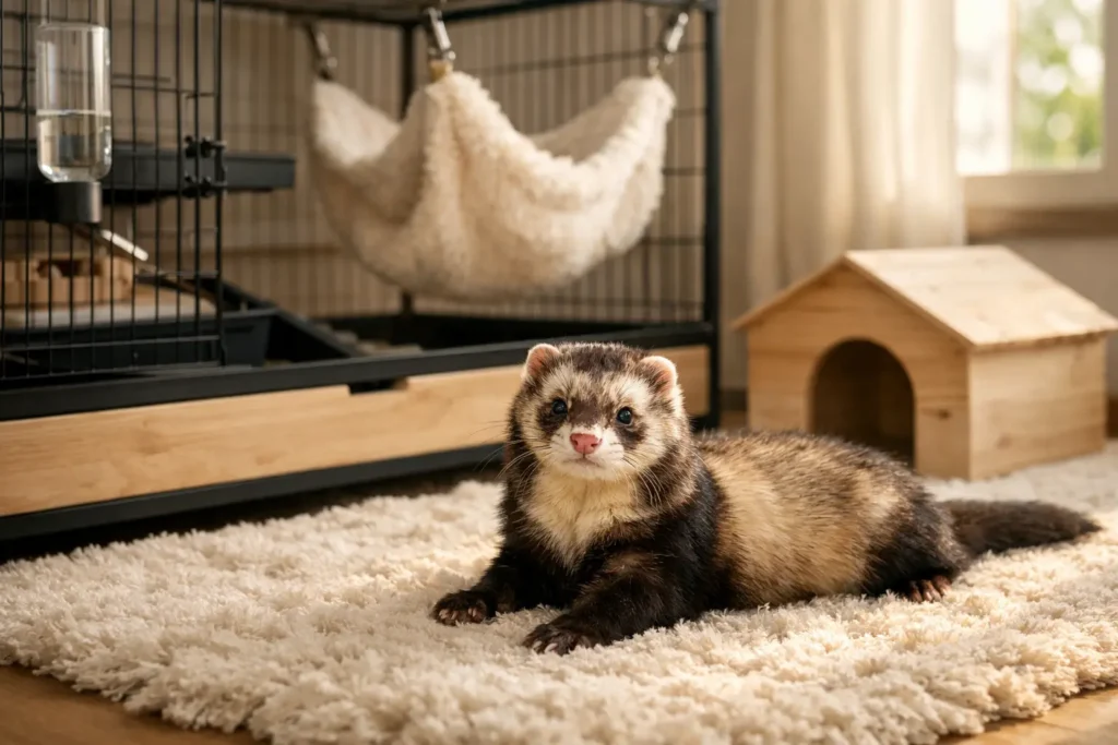 Furet brun et crème détendu dans un intérieur moderne avec cage ouverte, hamac suspendu et petite maison en bois, ambiance cosy et lumineuse