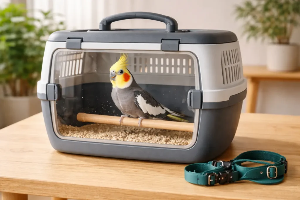 Calopsitte dans une cage de transport moderne et bien ventilée posée sur table en bois clair, harnais d’oiseau visible à côté, ambiance intérieure lumineuse et sécurisée.