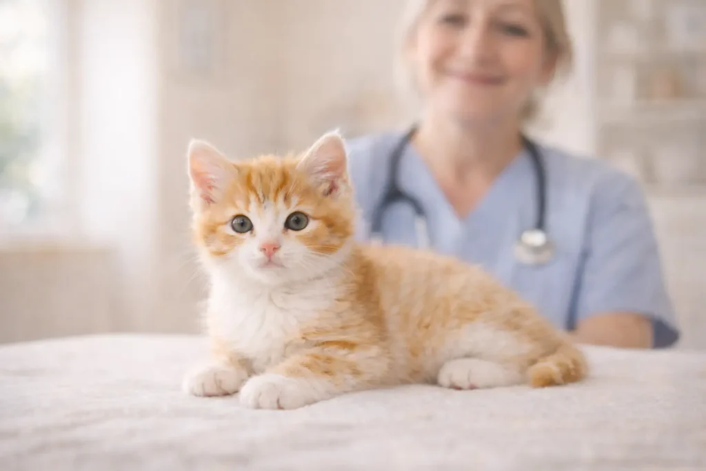 Chaton examiné calmement chez le vétérinaire