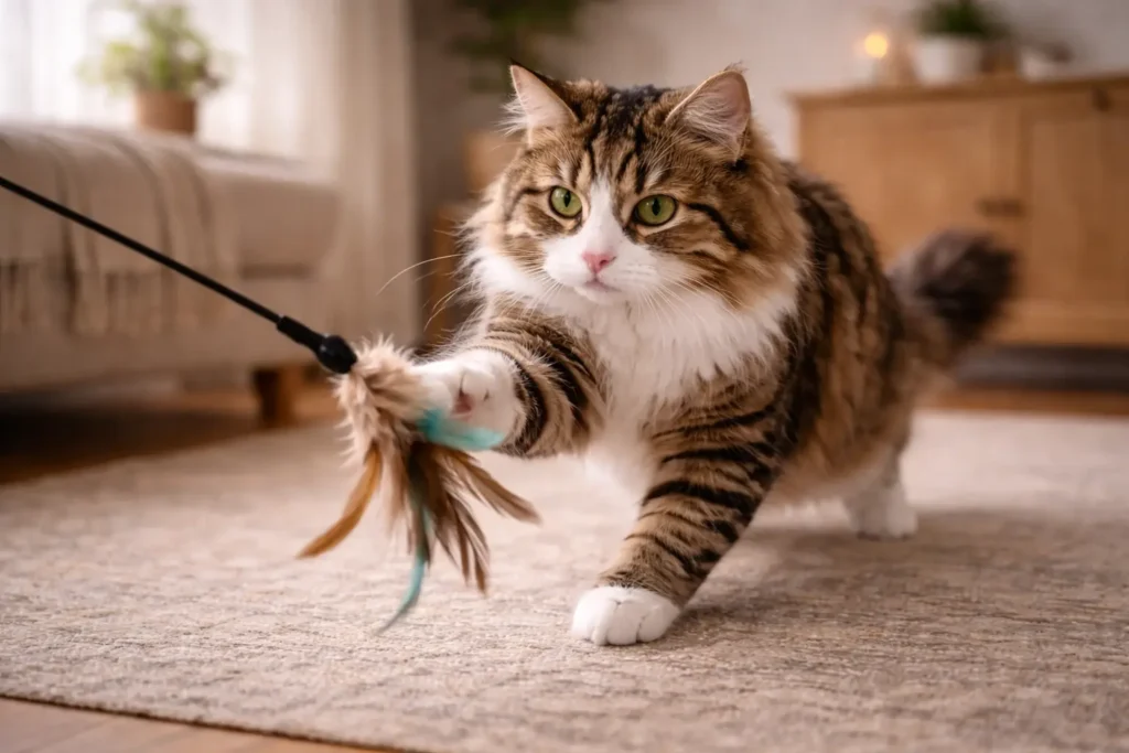 Photographie réaliste d’un chat jouant avec un plumeau