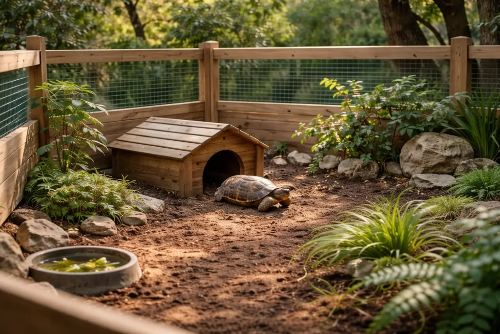 Tortue terrestre dans un enclos extérieur sécurisé avec abri en bois et décor naturel.