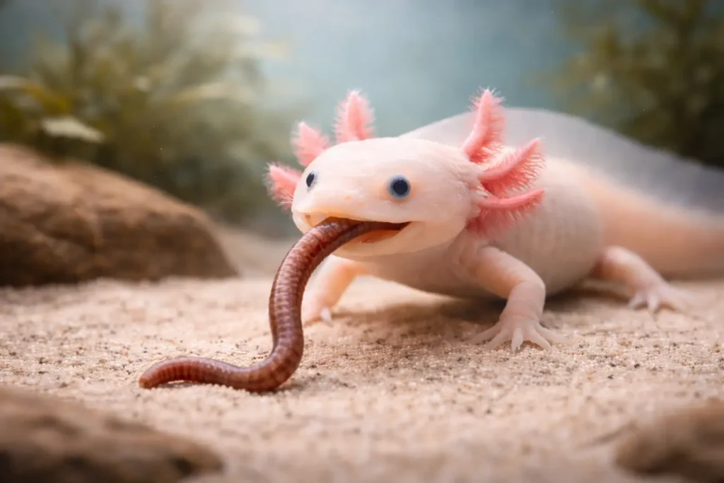 Photographie détaillée d’un axolotl albinos en train de manger un ver de terre