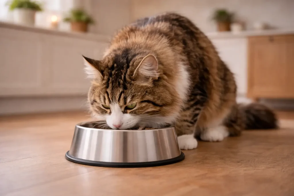Photographie réaliste d’un chat mangeant dans une gamelle