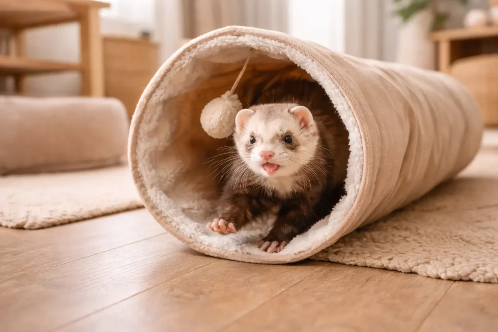 Photographie détaillée d’un furet jouant dans un tunnel en tissu