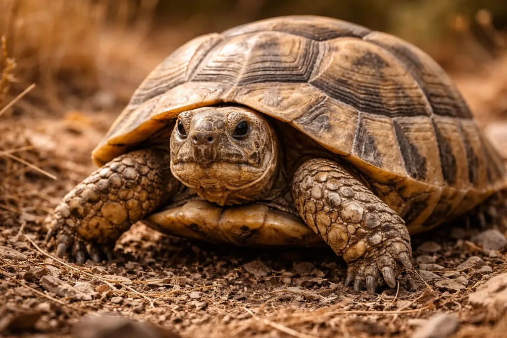 Portrait détaillé d’une tortue terrestre montrant la texture de sa carapace.