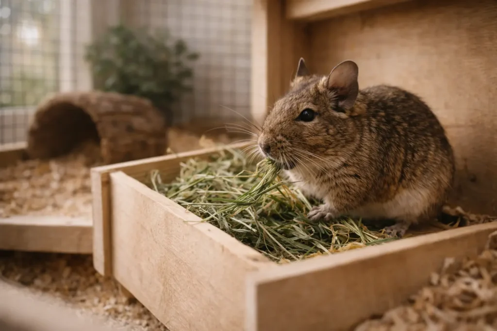Photographie détaillée d’un octodon mangeant du foin frais