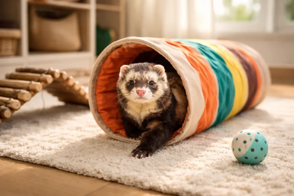 Furet brun et crème jouant dans un tunnel en tissu coloré avec pont suspendu en bois et balle légère dans un espace intérieur lumineux et sécurisé"