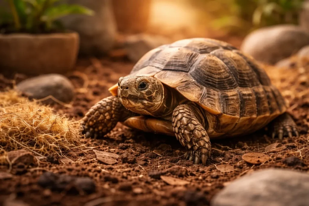 "Tortue terrestre réaliste dans un terrarium intérieur chaleureux, éclairage naturel doux et détails précis de la carapace"