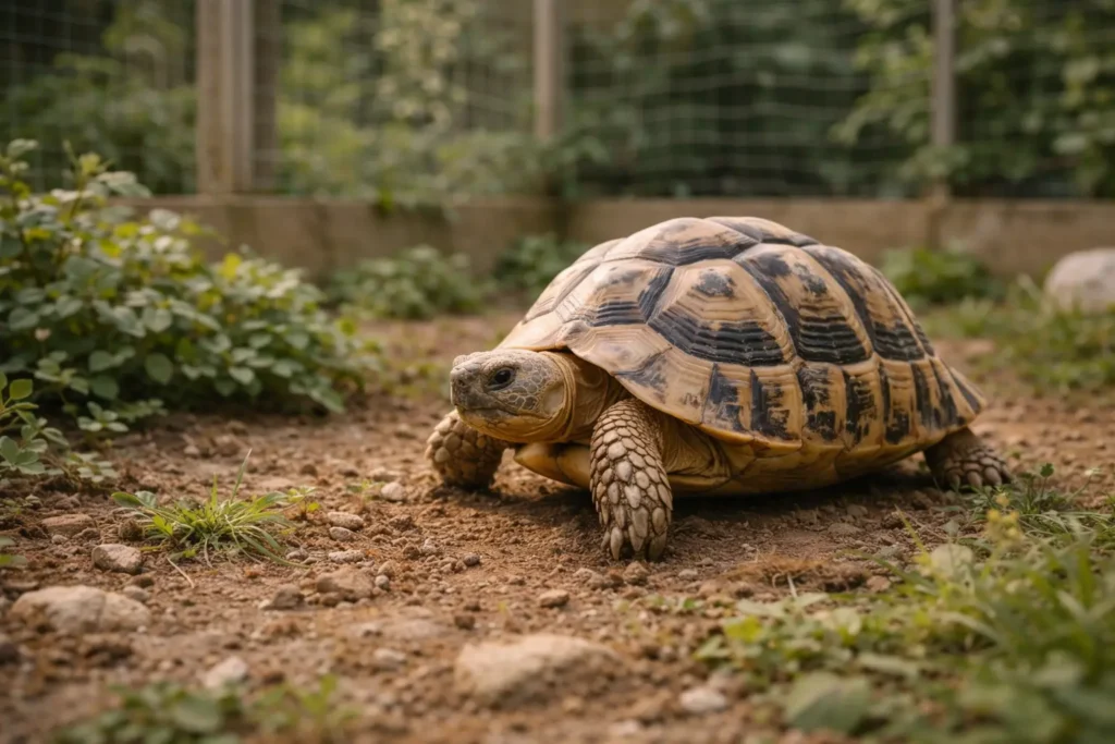 Photographie réaliste d’une tortue terrestre marchant dans un jardin