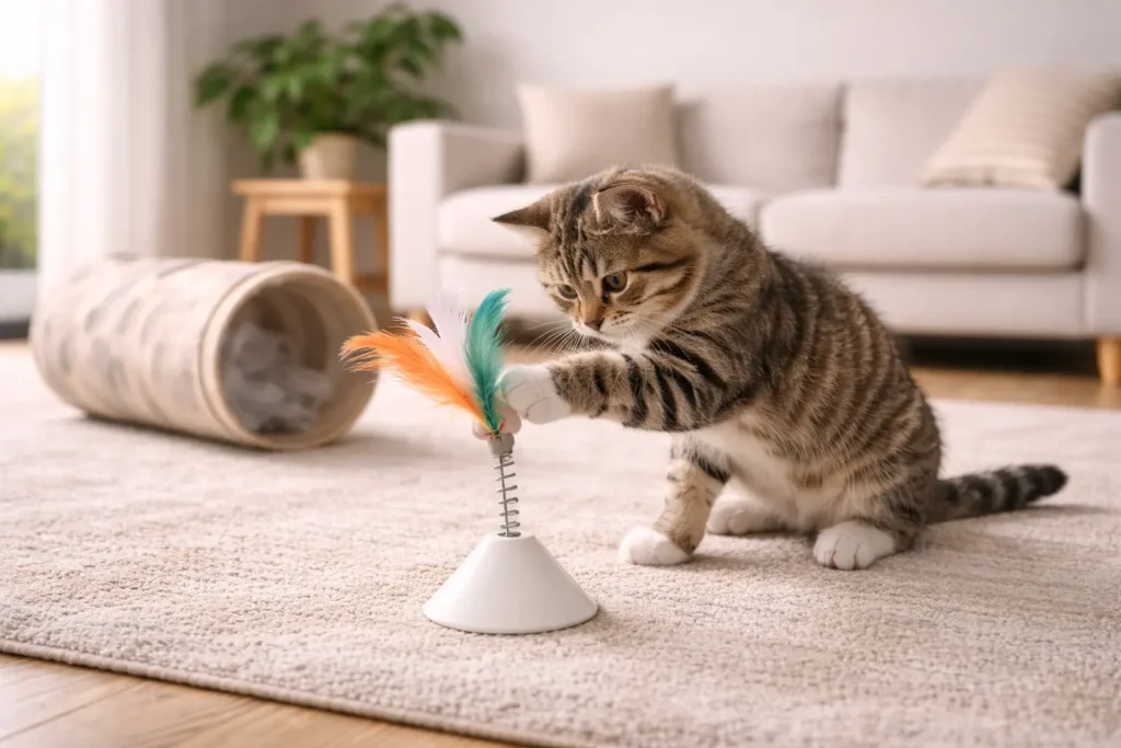 Chaton tigré jouant avec un jouet plume sur socle dans un salon cosy scandinave