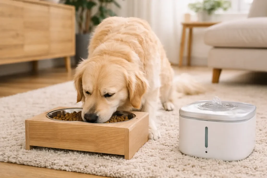 Chien golden retriever mangeant dans une gamelle en bois clair, avec une fontaine à eau moderne à côté, dans un salon scandinave lumineux aux tons beige et bois.