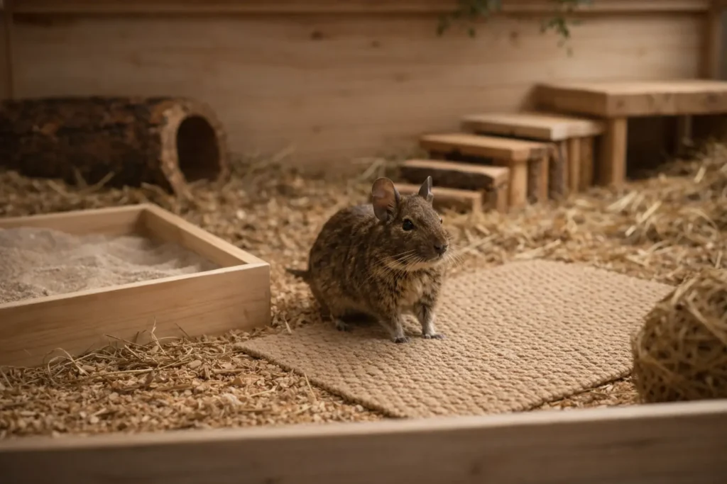 Habitat pour octodon avec litière naturelle, tapis en fibres, bac de sable de bain en bois et décor chaleureux, petit octodon au centre, lumière douce et ambiance premium.