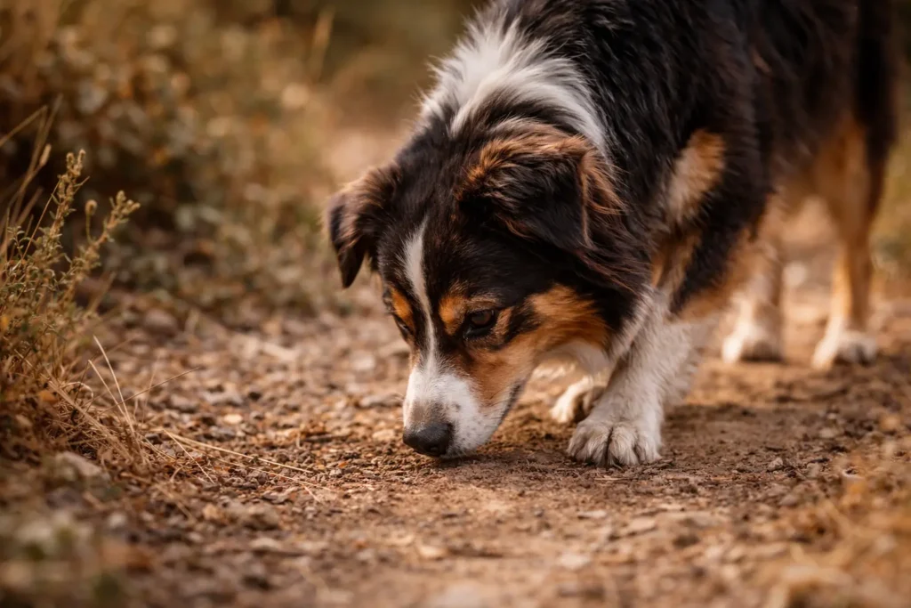 Chien en train d’explorer et de renifler le sol dans un environnement naturel.