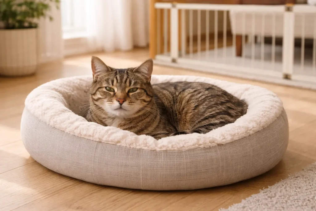 Chat tigré installé confortablement dans un lit douillet dans un intérieur lumineux