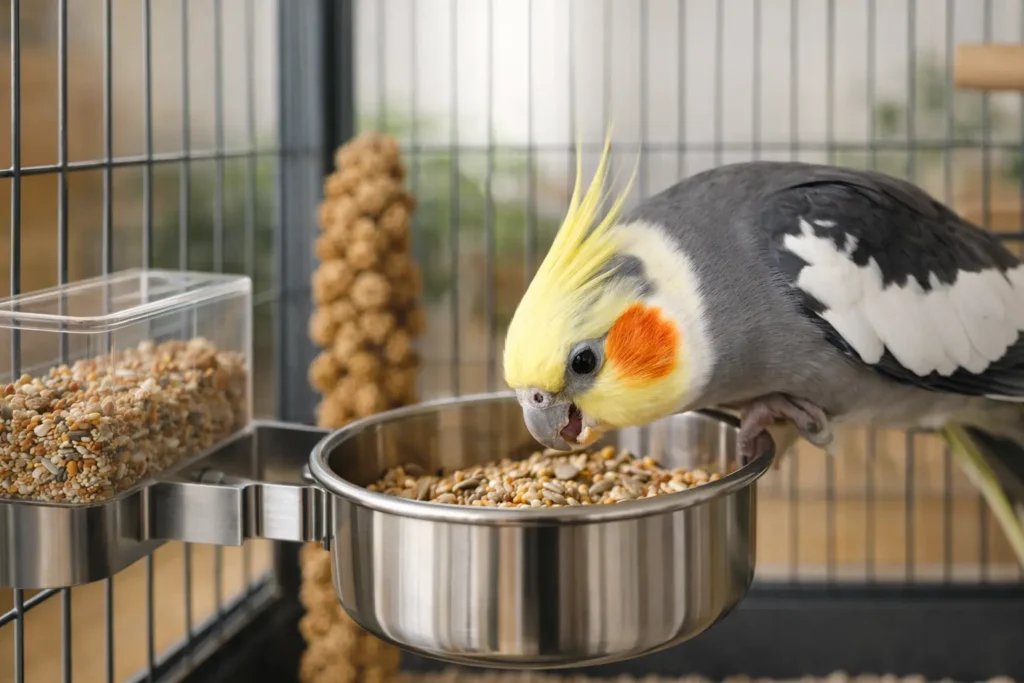 Calopsitte en train de manger dans une gamelle inox suspendue fixée à une cage moderne, avec mangeoire et millet en grappe, ambiance lumineuse naturelle.