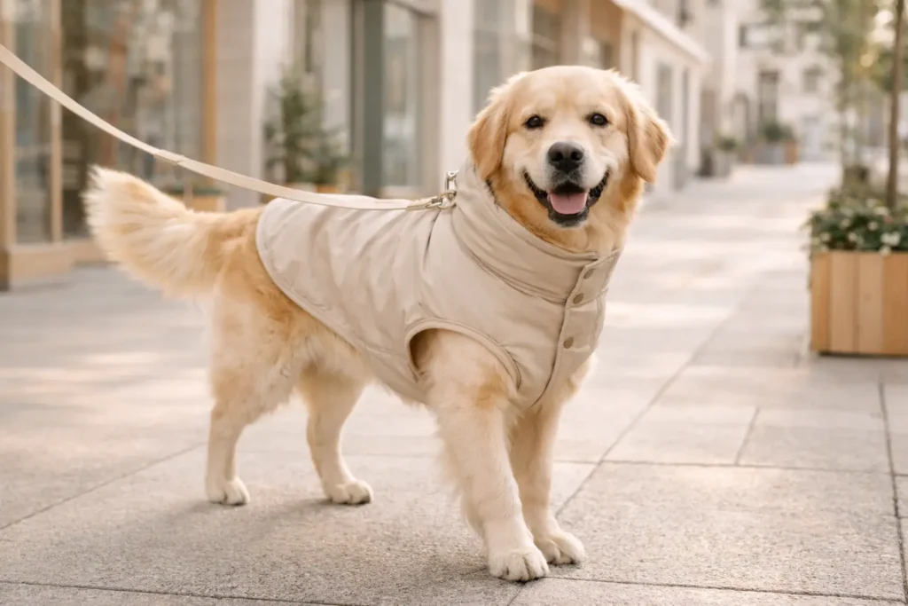 Chien golden retriever portant un manteau léger beige lors d’une promenade dans un décor urbain doux aux tons crème et bois clair, éclairé par une lumière naturelle rassurante.