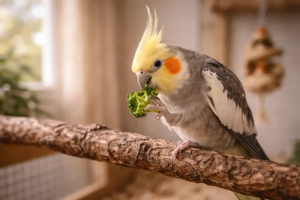 Photographie détaillée d’une calopsitte mangeant un morceau de légume