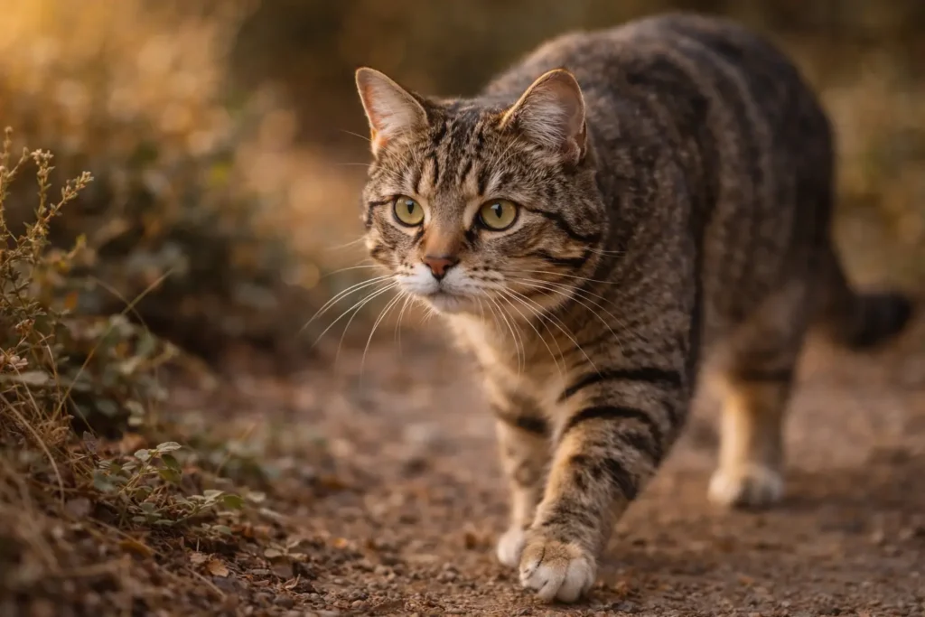 Chat en train d’observer et de se déplacer discrètement dans un environnement naturel.
