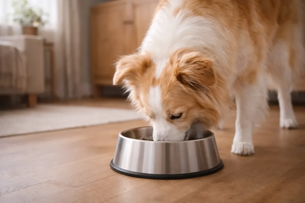 Photographie détaillée d’un chien mangeant dans une gamelle