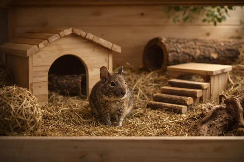 Habitat pour octodon en bois naturel avec foin au sol, cachette en bois, tunnel en écorce et petit rongeur au centre, éclairage chaud et décor naturel.