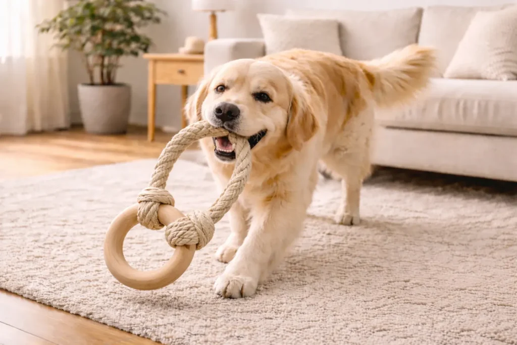 Chien golden retriever jouant avec un anneau en bois relié à une corde naturelle dans un salon scandinave lumineux aux tons beige et bois.