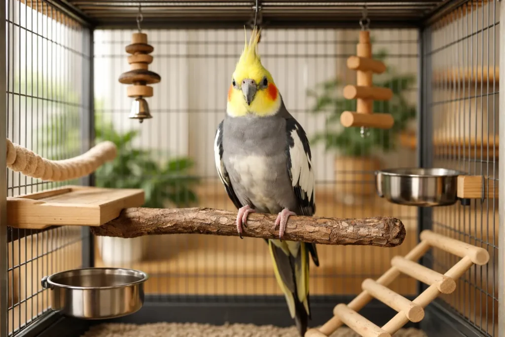 Calopsitte posée sur un perchoir en bois naturel dans une cage moderne bien aménagée avec perchoirs en corde et plateforme, lumière naturelle douce, ambiance chaleureuse et professionnelle.