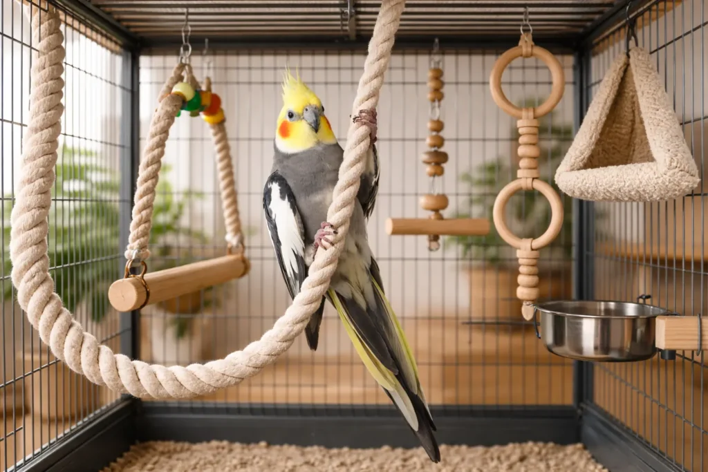 Cage de calopsitte aménagée avec cordes en coton, balançoire en bois, anneaux suspendus et hamac, calopsitte en train de grimper dans un intérieur lumineux et chaleureux.
