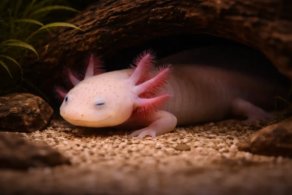 Axolotl au repos dans une zone ombragée de son habitat aquatique.