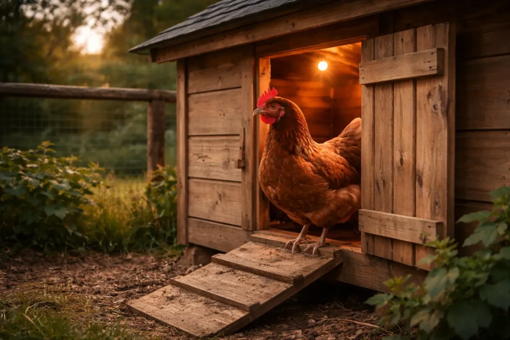 Photographie réaliste d’un poulailler propre et sécurisé au crépuscule