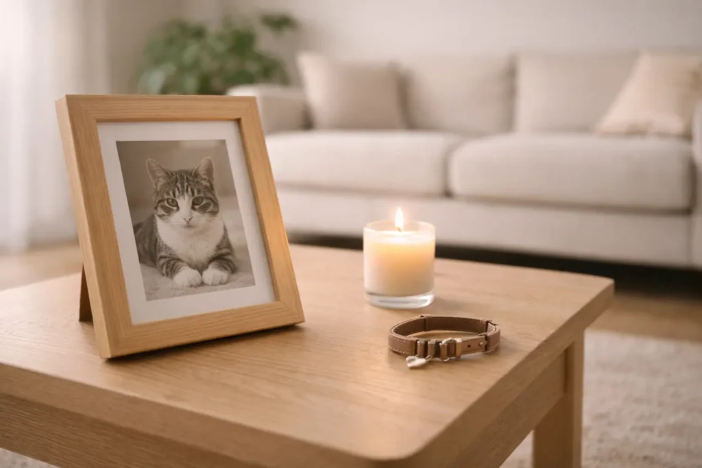 Table en bois clair avec cadre photo d’un chat, bougie allumée et collier posé, ambiance chaleureuse et apaisante
