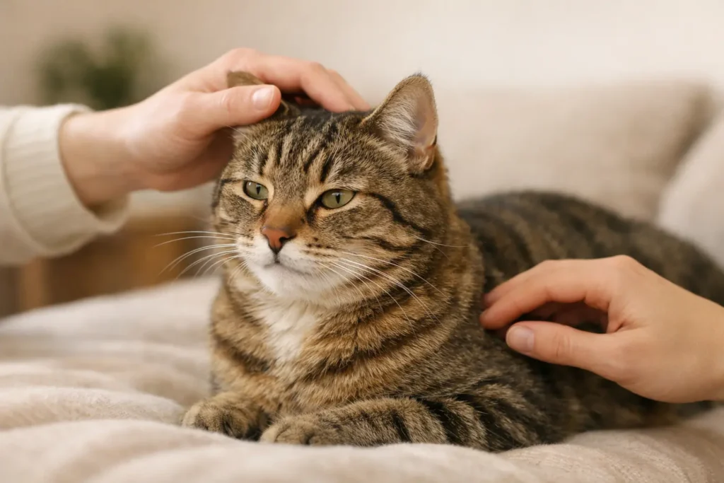 Chat domestique tigré examiné doucement dans un environnement calme et lumineux