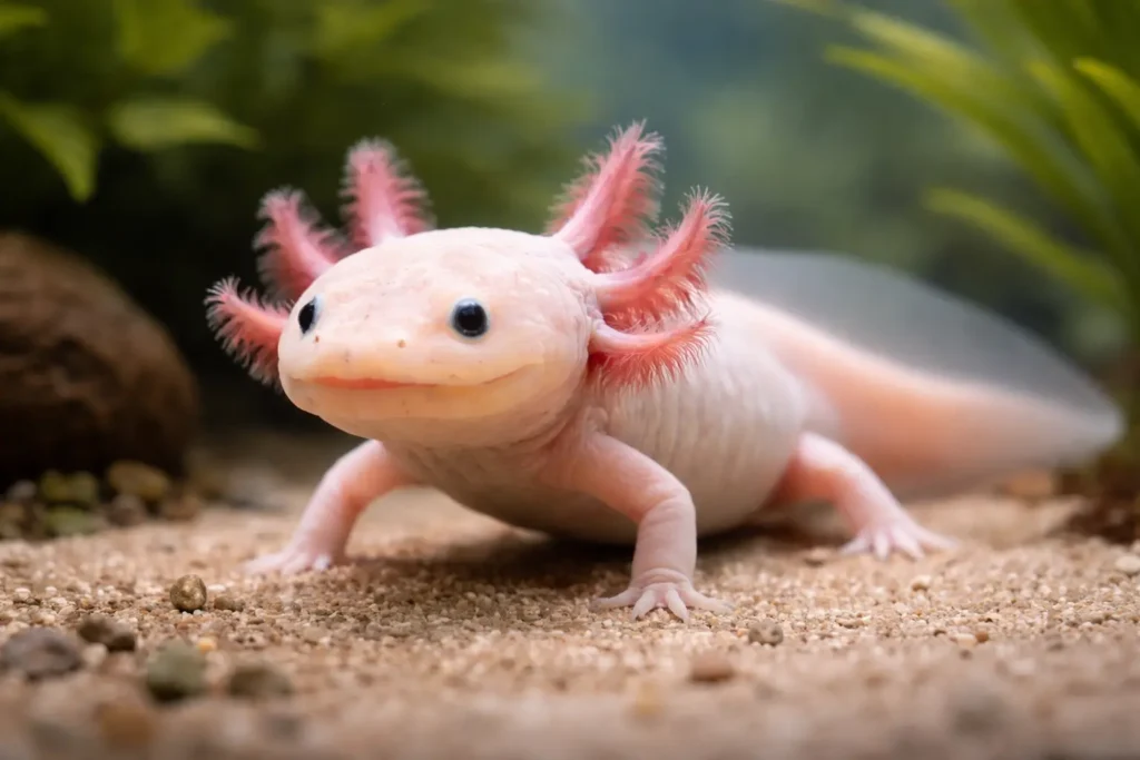 "Axolotl leucistique réaliste dans un aquarium propre, éclairage doux, eau claire et plantes aquatiques en arrière-plan"