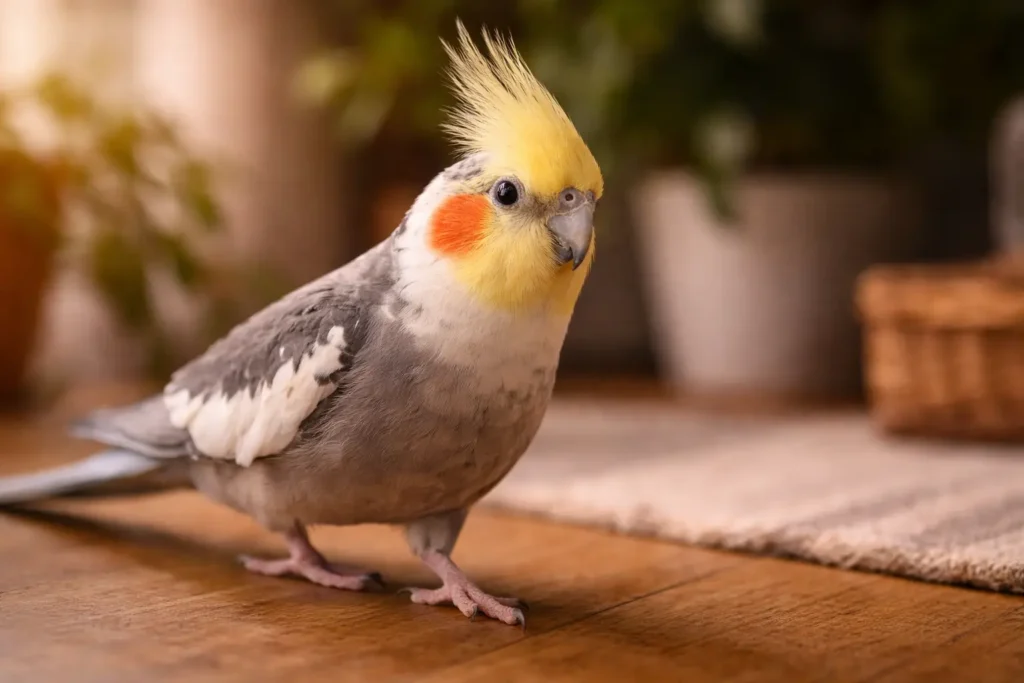 Calopsitte en exploration, marchant et observant son environnement.