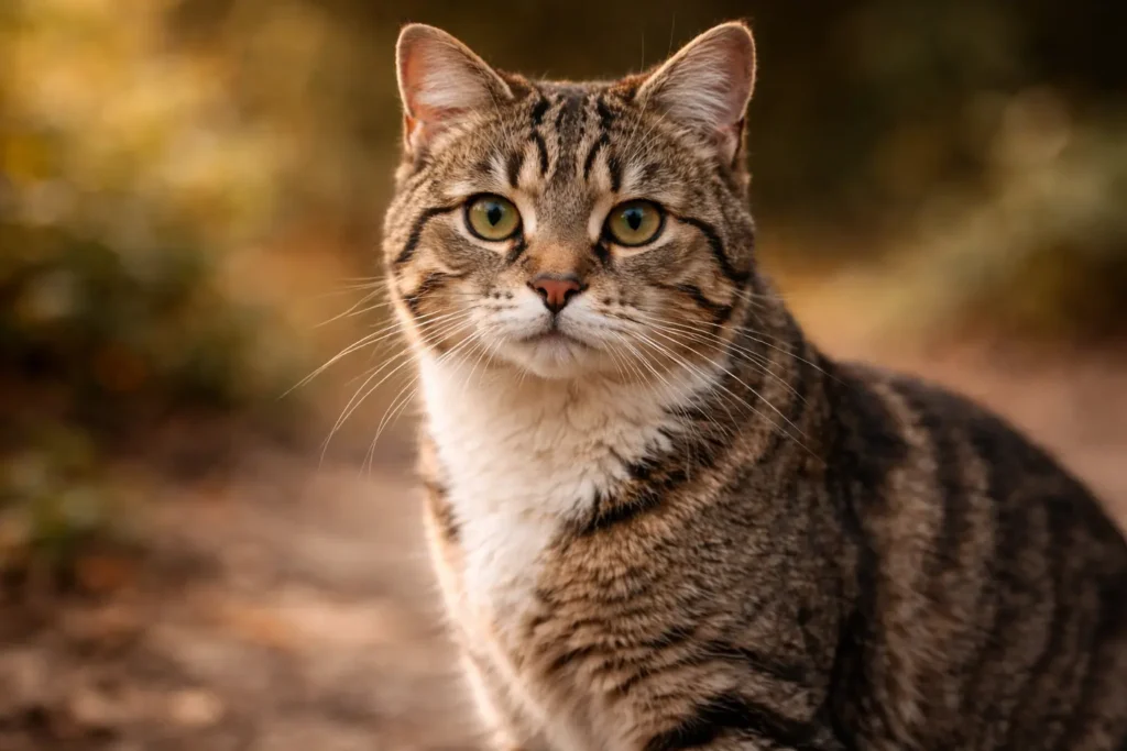 Portrait réaliste d’un chat adulte montrant les détails de sa morphologie et de son pelage.