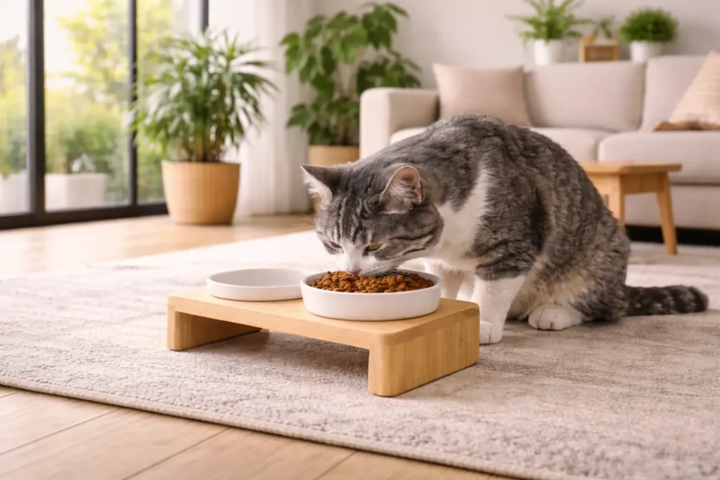 Chat gris mangeant dans une gamelle surélevée en bois clair dans un salon lumineux avec baie vitrée et plantes
