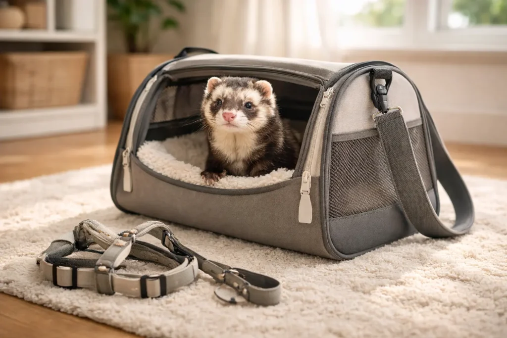 Furet brun et blanc dans sac de transport moderne avec harnais ajustable et laisse légère dans intérieur lumineux et sécurisé