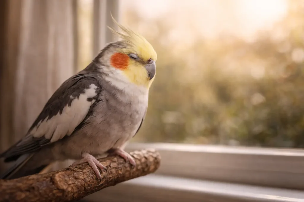 Calopsitte au repos sur un perchoir avec une lumière douce du matin.