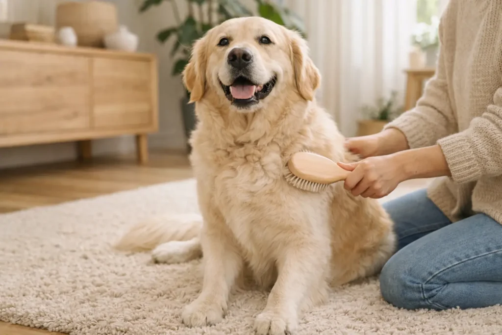 Chien golden retriever assis sur un tapis clair, brossé délicatement par son propriétaire dans un salon scandinave lumineux aux tons beige et bois, ambiance chaleureuse et bien-être.
