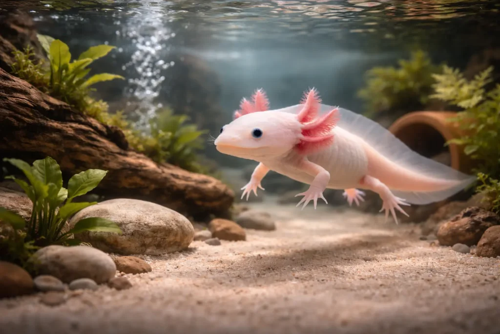 Photographie réaliste d’un axolotl nageant lentement dans un aquarium sécurisé