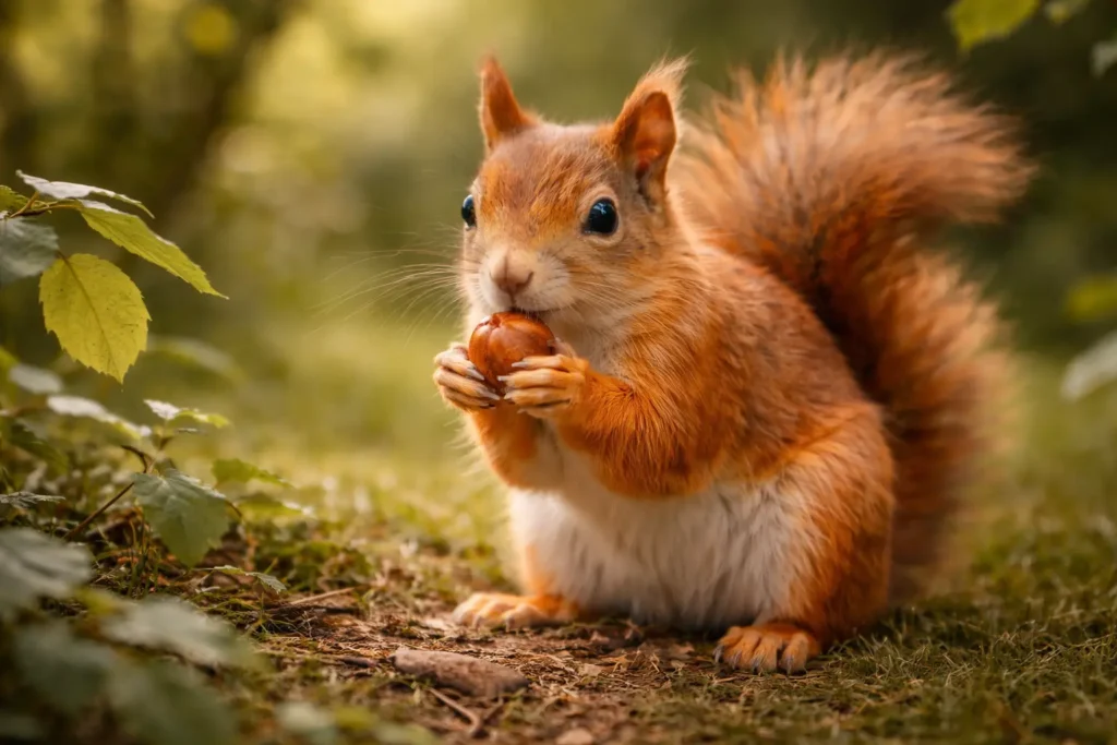 Photographie réaliste d’un écureuil mangeant une noisette