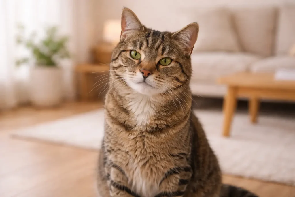 Chat tigré regardant attentivement vers l’objectif dans un intérieur lumineux et chaleureux