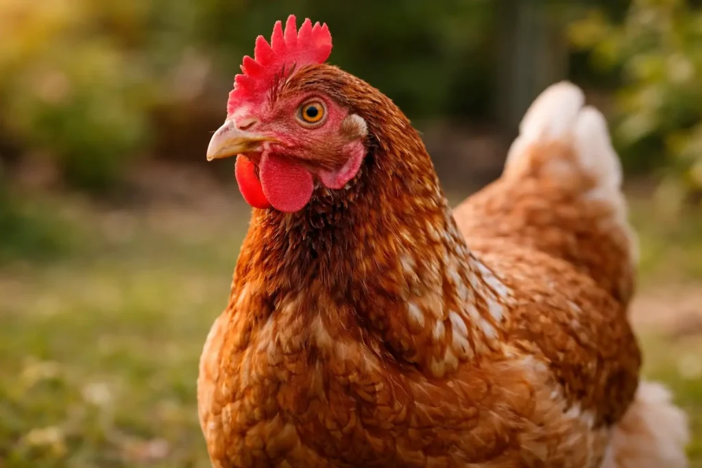 Portrait réaliste d’une poule montrant sa crête et les détails de son plumage.