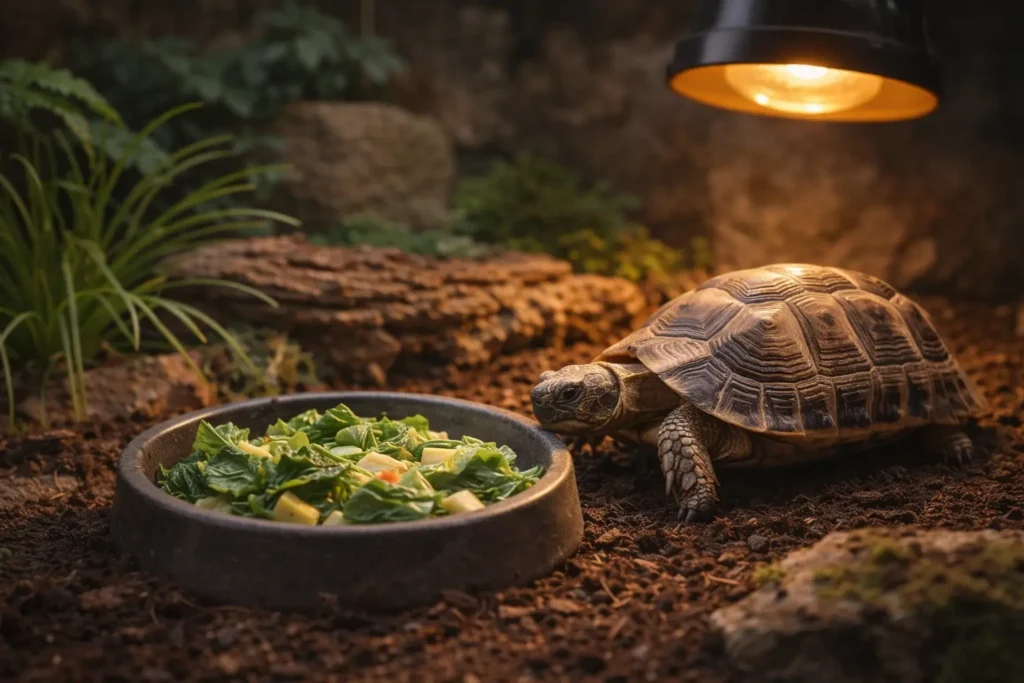 Tortue terrestre mangeant des légumes dans une gamelle sous lampe chauffante, dans un terrarium naturel avec substrat et plantes