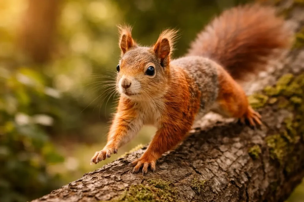 Écureuil en déplacement dans les arbres, en train de grimper ou sauter.