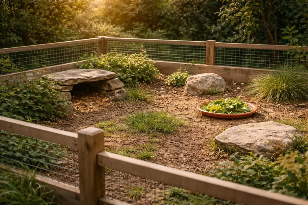 Photographie réaliste d’un enclos extérieur sécurisé pour tortue terrestre