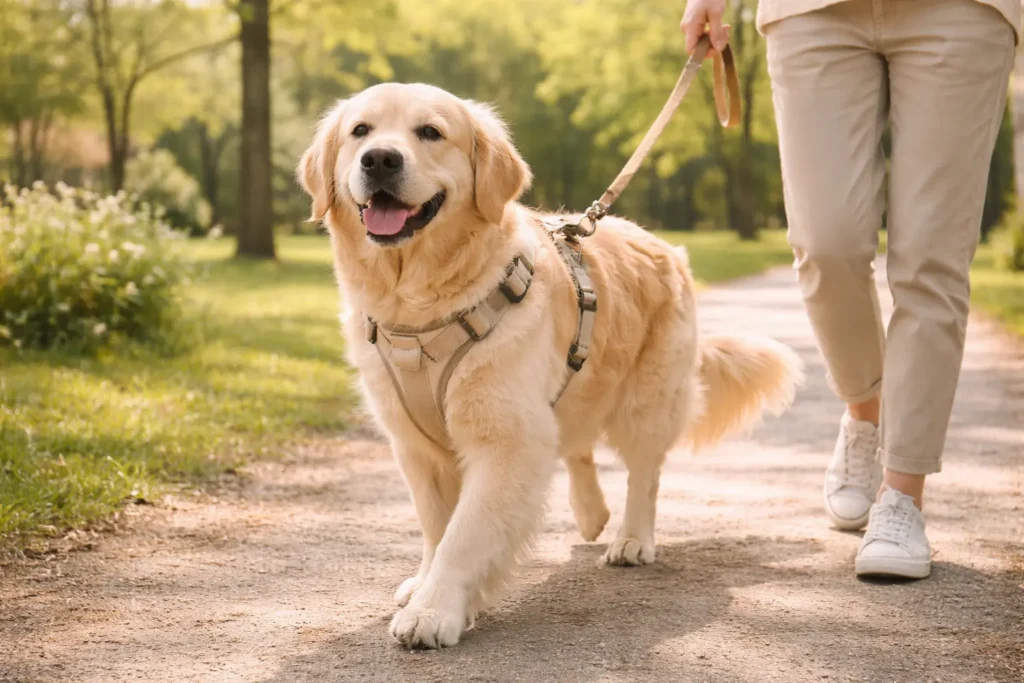 Chien golden retriever portant un harnais beige, promené en laisse par son propriétaire dans un parc lumineux aux tons naturels, ambiance calme et sécurisante.
