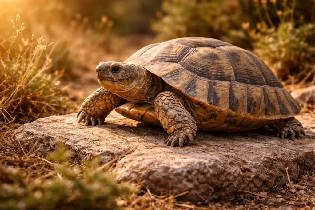 Tortue terrestre profitant du soleil du matin sur une pierre chaude.
