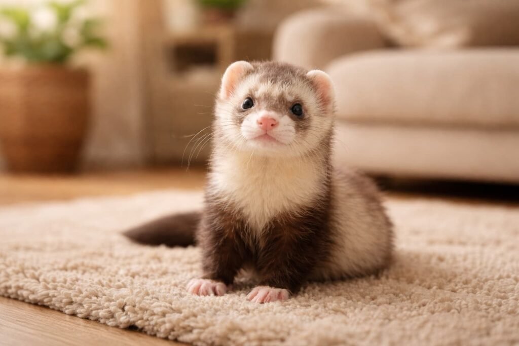 "Furet domestique réaliste posé sur un tapis beige dans un intérieur chaleureux, lumière douce et ambiance cosy"