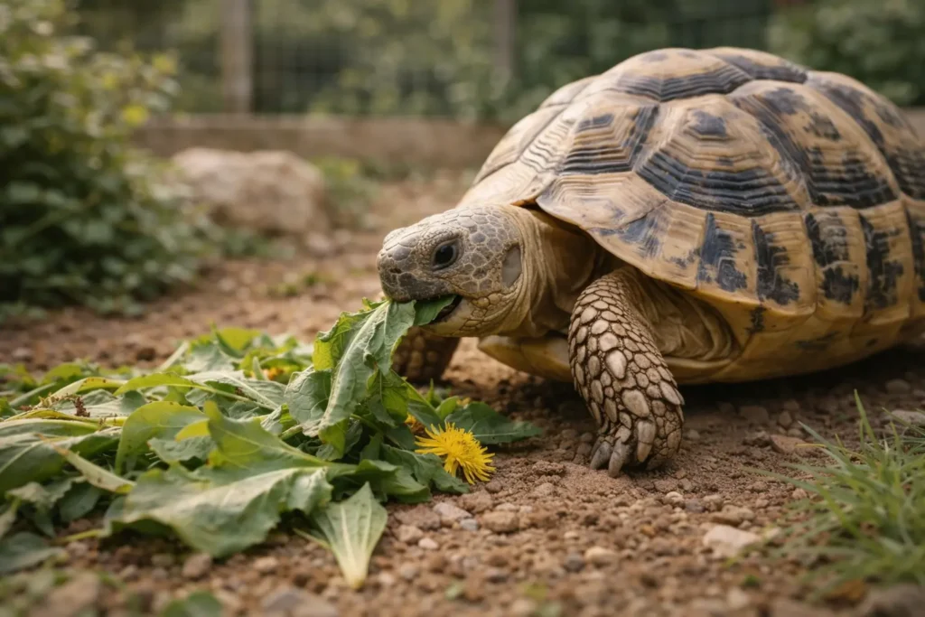 Photographie détaillée d’une tortue terrestre mangeant des feuilles