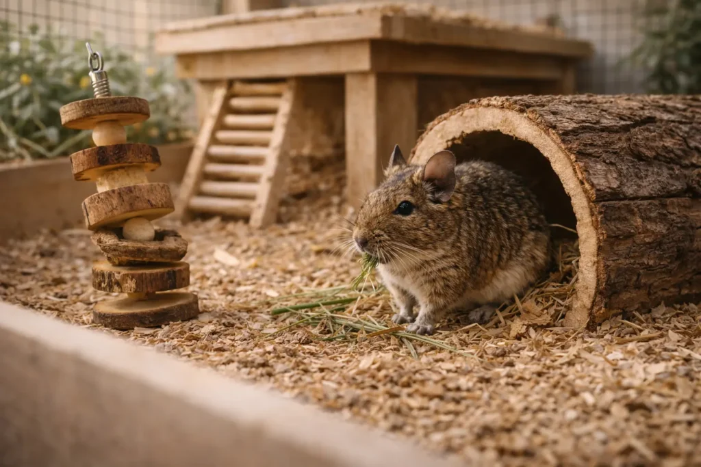 Photographie réaliste d’un octodon dans une zone de jeu sécurisée
